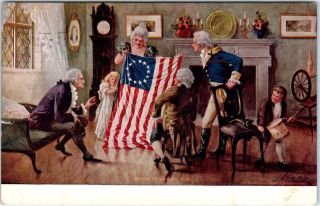 Patriotic Postcard 1909 " Birth Of The American Flag " Betsy Ross?