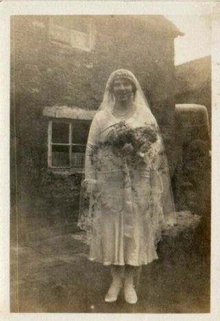 Small Vintage Photograph Lady Wearing Wedding Dress Bouquet 1920 