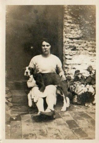 Small Vintage Photograph : Lady Smoking Cigarette With Dog Sitting On Lap