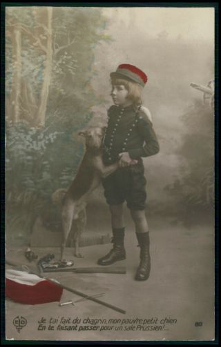 Child Boy Ww1 Soldier & Italian Greyhound Dog Old 1910s Photo Postcard