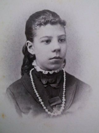 CDV Lovely Young Girl Beads Lace Bows Curly Long Hair Bangs West Liberty IA 4