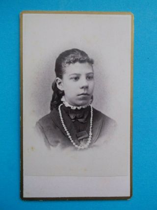 CDV Lovely Young Girl Beads Lace Bows Curly Long Hair Bangs West Liberty IA 5
