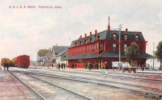 Idaho Postcard Pocatello O.  S.  L.  R.  R.  Depot Train Station Railroad