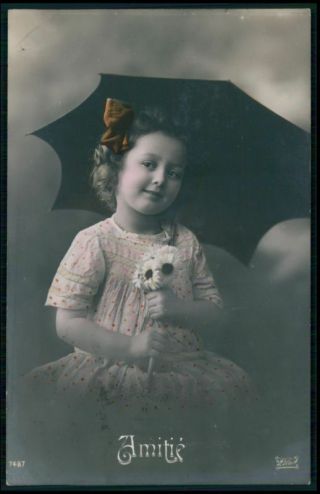 Pretty Edwardian Child Girl Umbrella Vintage Old 1910s Photo Postcard