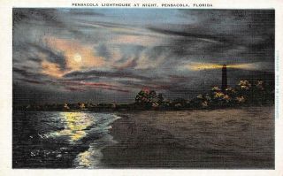 Pensacola,  Fl Florida Lighthouse At Night Light House C1940 