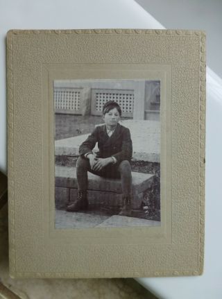 Antique Small Cabinet Card Photo Cockey Young Boy On Steps Wearing Cap