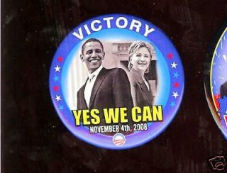 Hillary Clinton Barack Obama Pin Victory Yes We Can 2008 Campaign Pinback