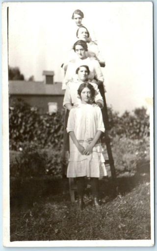 Rppc Five Women On Ladder At Different Heights Ca 1920s Real Photo Postcard