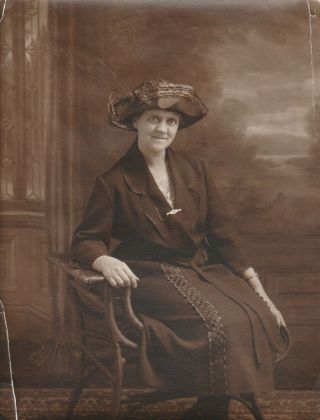 Vintage Photograph Older Lady Id Large Hat,  Wrist Watch,  Broach,  Wicker Bench