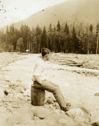 N542 Vtg Photo Man Sitting On A Barrel,  River C Early 1900 