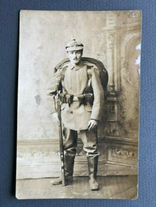 Wwi German Soldier Real Photo Postcard Rifle Backpack Pickelhaube Spiked Helmet