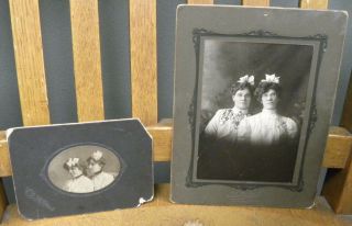 Vintage Cabinet Cards Two Chicago Sisters,  One As Teens/one As Adults,  Large Bow