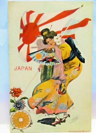 1910 Artist Signed Postcard Japan Geisha Girl With Japan Flag