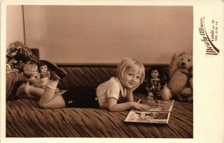 Teddy Bear,  Girl On The Bed With A Teddy,  Dolls And A Book,  Old Photo Postcard