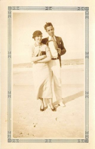 1934 Vintage Photograph Well Dressed Couple Man Woman On Beach Pretty Girl