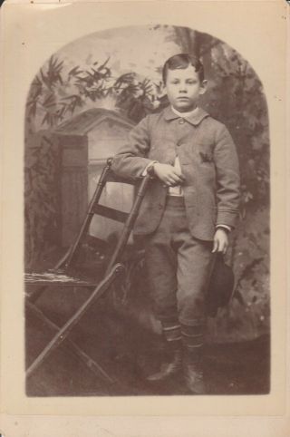 Cabinet Card Little Boy Short Pant Suit,  Holding Hat,  Strip Stockings,  Button Shoe