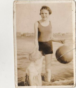Old Photo Young Woman Beach Ball Swimwear Paddling Oc2