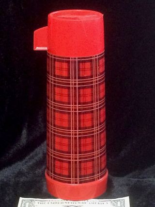 Old Aladdin Pint - Size Vacuum Glass Bottle Red Plaid Design Vintage Retro Plastic