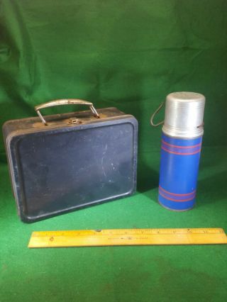 Vintage Black Metal / Tin School Lunch Box With Cork Thermos