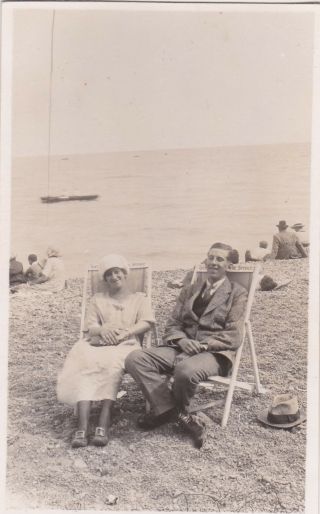 Old Photo Postcard Fashion Man Woman Deck Chair Beach F2