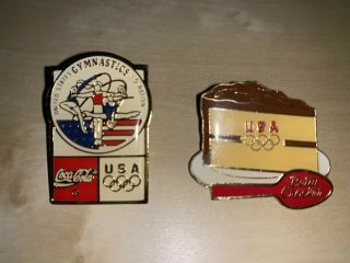 2 Olympic Games Gymnastics Federation Coca Cola Usa Vintage Lapel Pin Badge