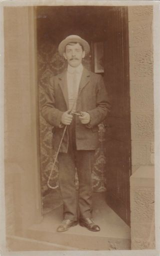 Old Photo Postcard Handsome Man Suit Straw Boater Hat Walking Stick Jn1