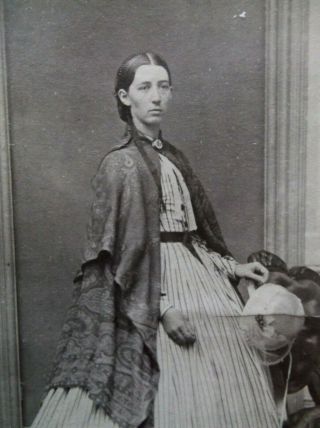 Civil War Era Cdv Lovely Woman Striped Dress Shawl Hat Brooch St.  John N.  B.