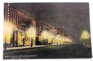 Vintage Postcard Pontiac Illinois Downtown Night Street Scene