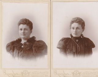 2 Cabinet Card Victorian Ladies Same Broach,  Earrings,  Puff Sleeve Dress,  Brooklyn