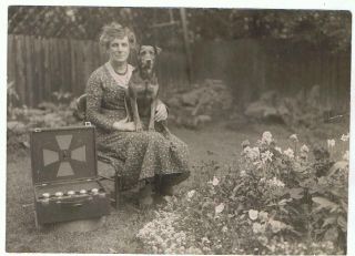 Vintage 6.  2 " X 4.  5 " Photograph Woman With Dog On Lap,  & Medicine Case (?)
