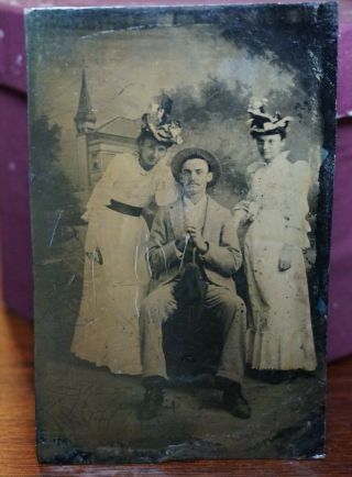 1860s - 70s Tin Type Photo Portrait Seated Man Holding Umbrella With Two Ladies