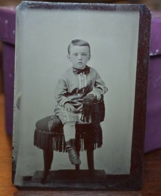 1860s - 70s Tin Type Photo Portrait Seated Fancy Suit Little Boy
