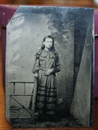 1860s - 70s Tin Type Photo Portrait Standing Young Woman Girl In Dress