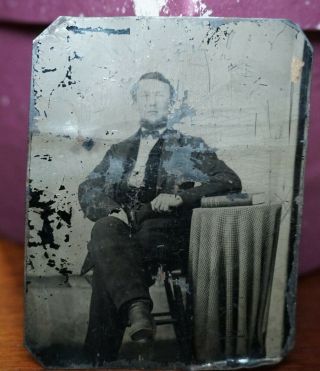1860s - 70s Tin Type Photo Portrait Seated Man With Book