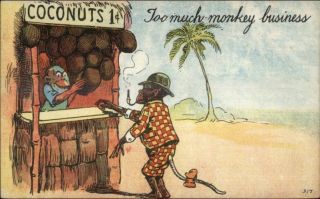 Fantasy - Monkeys In Clothes Coconut Store On Island Monkey Business Postcard