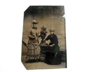 Antique Tintype Photo 2 Women Pose W/ Flowers