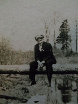 Cabinet Card Man Sitting On Log Bridge Over Stream Suit Hat