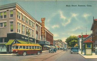 Ansonia Connecticut Main Street Theatre Vintage Advertising Linen Postcard View