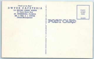 ST.  PETERSBURG,  Florida FL DWYER CAFETERIA ca 1940s Linen Postcard 2