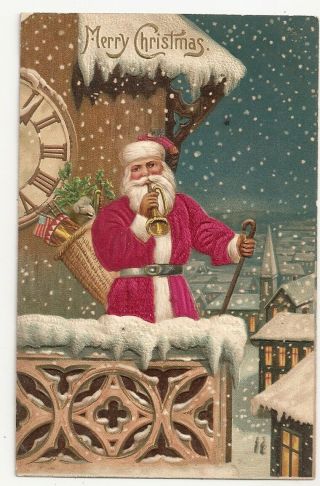 Silk Santa Plays Bugle From Balcony,  Basket Of Toys U.  S.  Flag Christmas Postcard