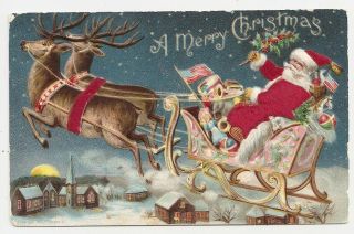 Silk Santa,  Reindeer Sleigh Fly Over Town,  Presents U.  S.  Flag Christmas Postcard