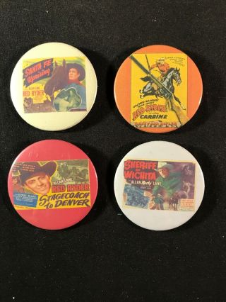Set Of 4 Pinback Buttons 2.  75 " Features Red Ryder Daisy Rifles & Alan Rocky Lane