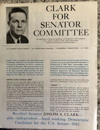 Vintage Pa U.  S.  Senator Joseph Clark Brochure 1962 Not Governor Pin Pinback