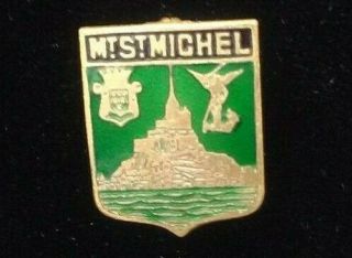 Vintage Mount Saint Michel Green And Gold Pin Badge Rare Enamel