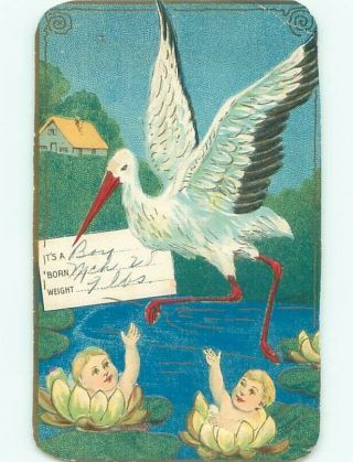 Pre - Linen Stork Bird With Babies On Lily Pads Ac5639