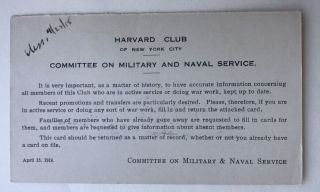 1918 Postcard Harvard Club Of York City Comm.  On Military And Naval Service