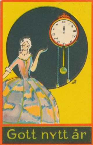 Sign Evans: Lady In Big Dress Pointing At Clock " Happy Year " 1935