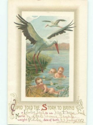 Pre - Linen Stork Birds With Babies In The Water Ac5638