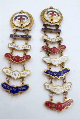 Vintage Cross & Crown 2 Sunday School Attendance Pins With Year Bars
