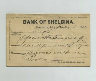 1895 Advertising Us Postal Card Postcard Shelbina Mo Missouri Bank Cancel Hj5195